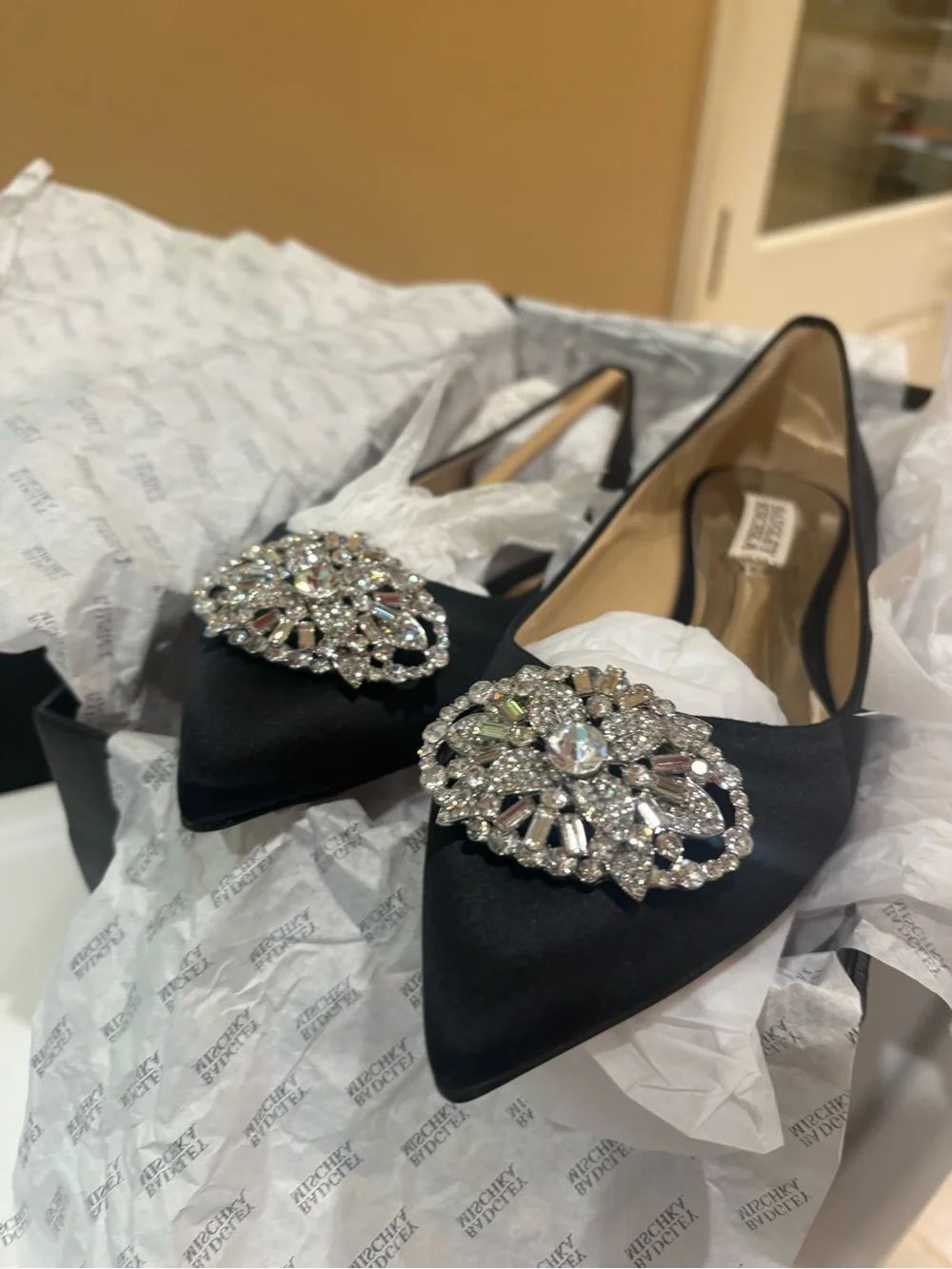 Badgley Mischka Black Satin Pointed-Toe Heels with Crystal Brooch